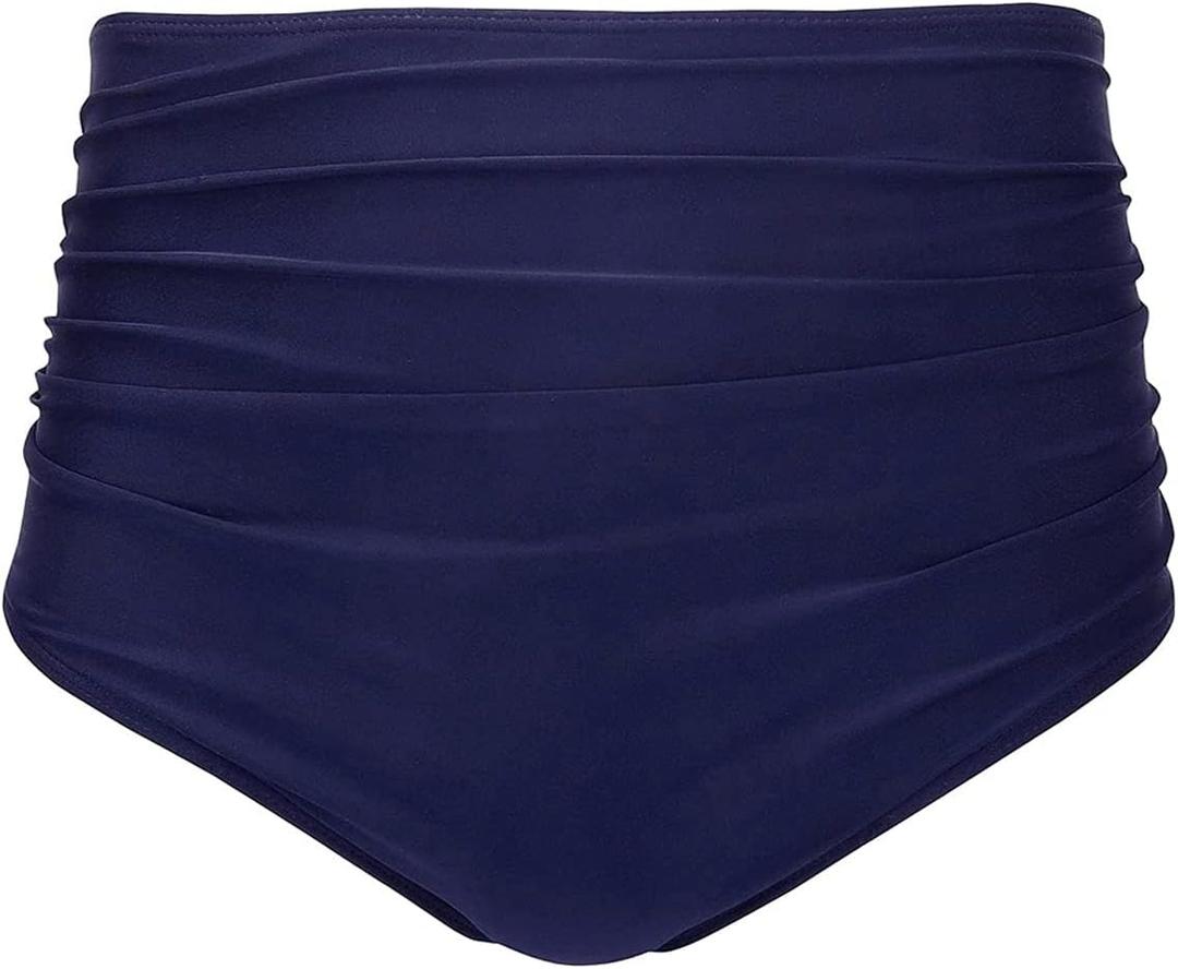 Tempt Me Women High Waisted Bikini Bottom Retro Ruched Swim Bottom Shirred Tankinis Brief (Large, Navy Blue)