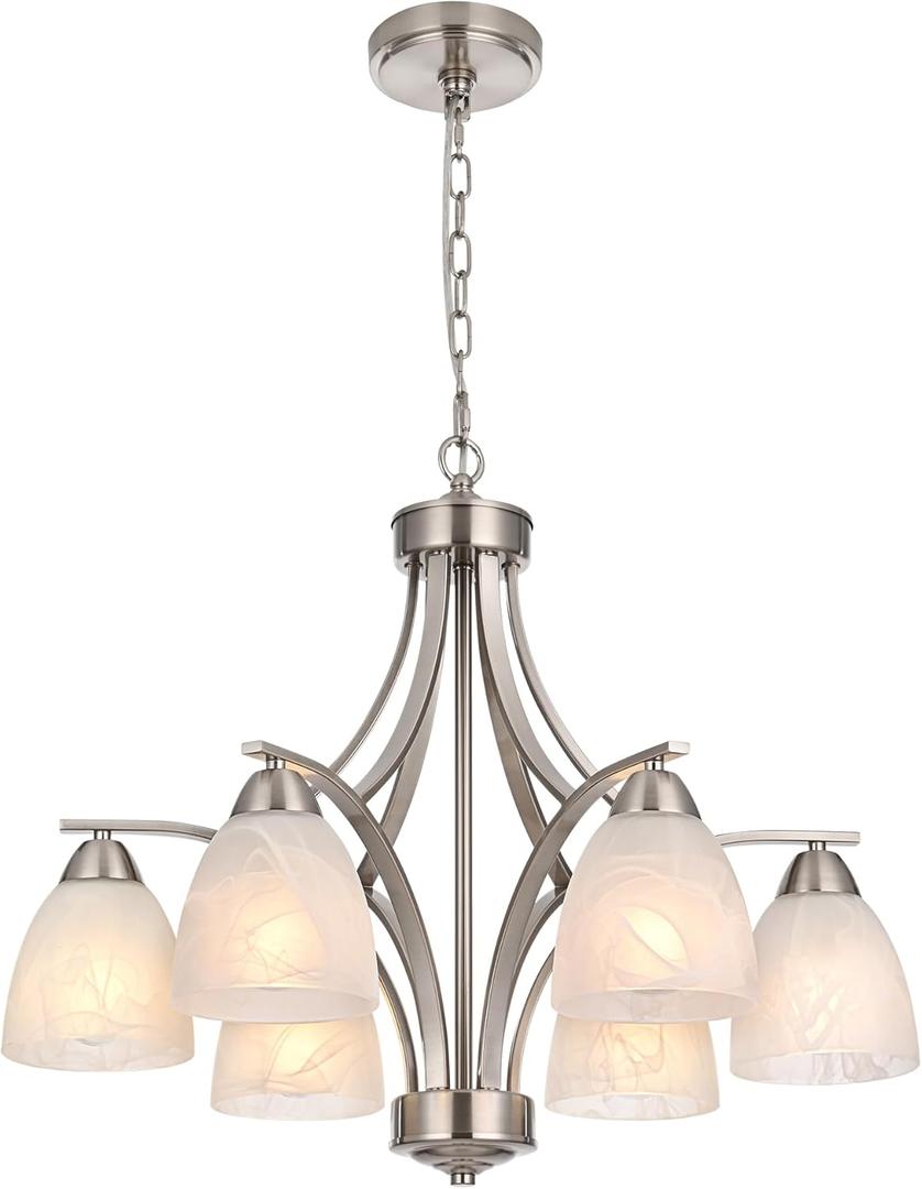 MELUCEE 6-Light Modern Dining Room Chandelier Brushed Nickel Dining Room Light Fixture with Textured White Glass Shade, Adjustable Height Large Pendant Light for Kitchen Foyer Entryway, E26 Base