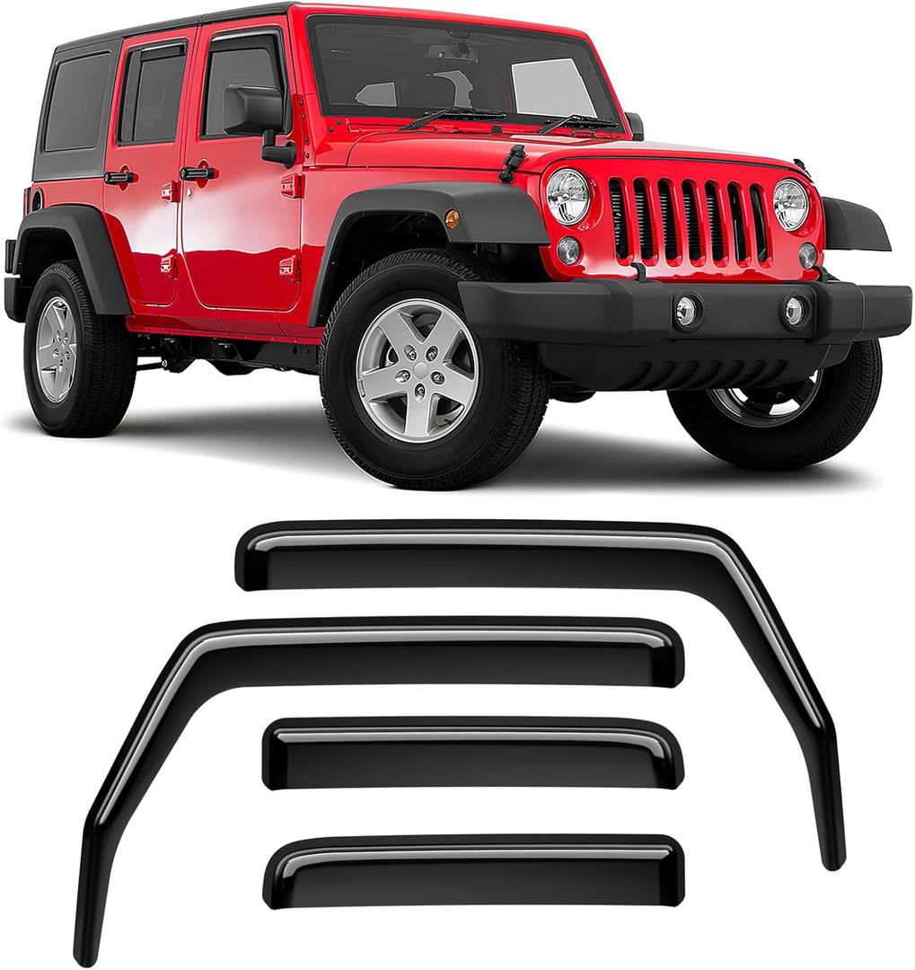 ACLONG in-Channel Rain Guards Black Window Visor Compatible with Jeep Wrangler JK 4-Door 2007-2017 Side Shatterproof Sun Visor, Window Deflectors, 4-Piece Set
