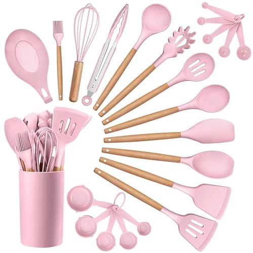 HaWare Kitchen Cooking Utensils Set, 23-Piece Silicone Kitchen Utensils Spatula Set with Holder, Heat Resistant Wooden Handle Kitchen Gadget for Nonstick Cookware, Food-grade Turner Spoon Sets (Pink)