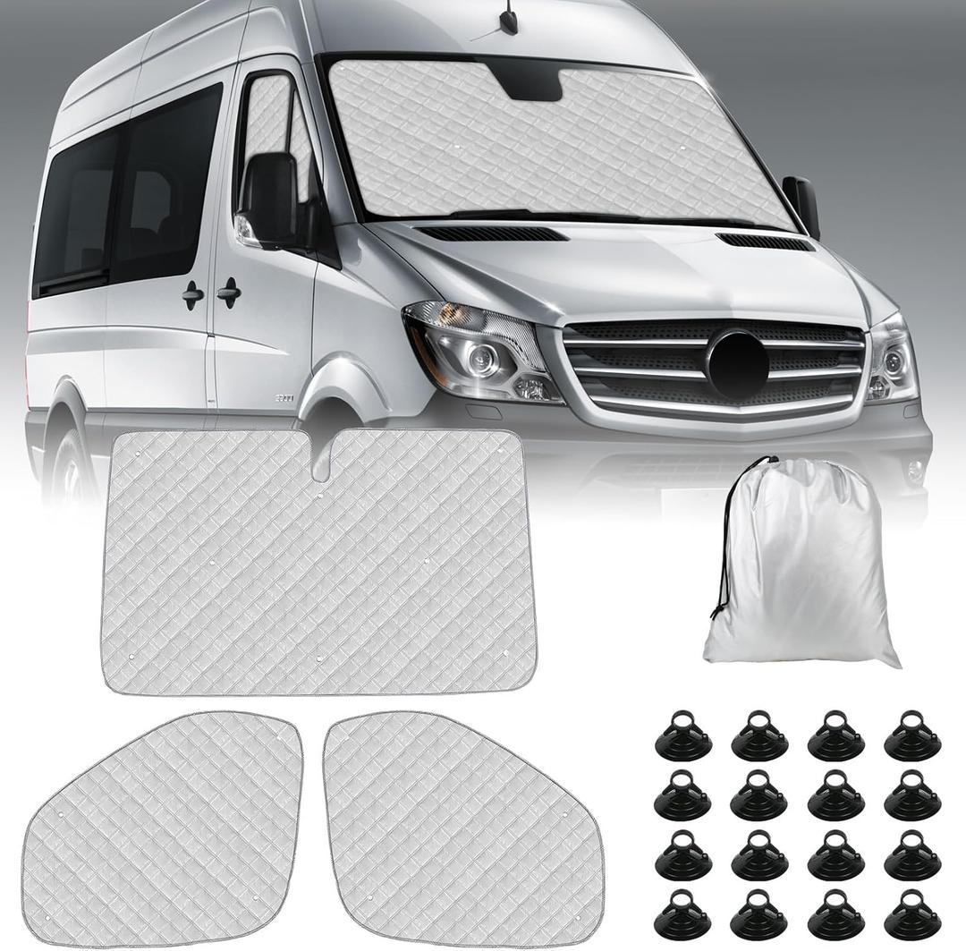 Sprinter Sun Shade 2019-2023 | 3-Piece Van Window Covers with Thermal Insulation & UV Protection | Car Window Shades (Front Windshield & Side Covers)
