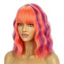 BERON 14 Inches Orange Wig with Bangs Short Curly Wig Hot Pink Mix Purple Orange Curly Wigs for Women Daily Party or Cosplay Hairnet Include