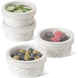 LE TAUCI Ramekins with Lids, 6 oz Ramikin Set for Creme brulee, Souffle, Dipping Sauces, Ceramic Food Storage Containers Great for leftovers - 4.2 inch, Set of 4, Arctic White