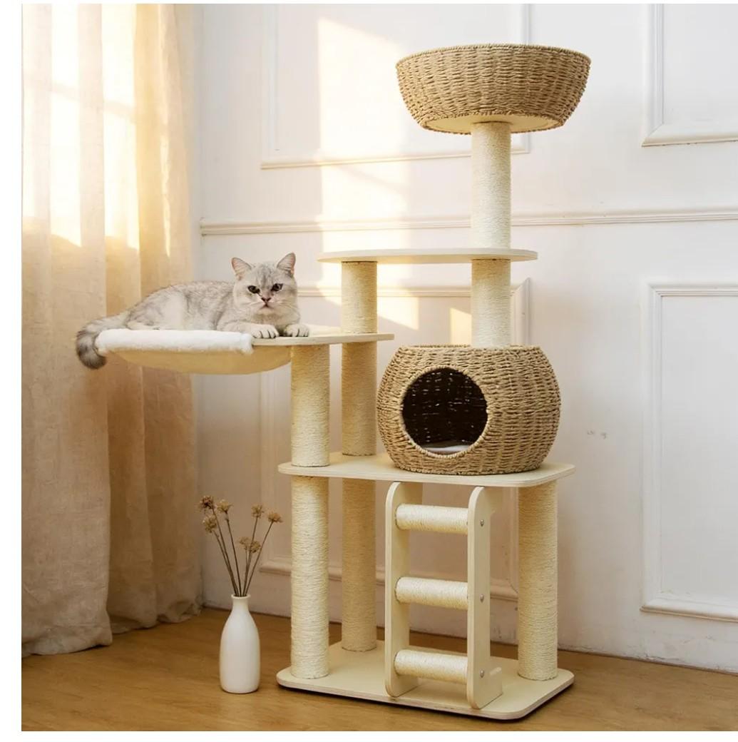 54 Inch Cat Tree for Indoor Cats, Tall Wooden Cat Tower with Scratching Posts, Rattan Condo and Perch, Multi-Level Cat Climber, Stylish Pet Furniture