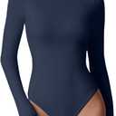 QINSEN Womens Crew Neck Long Sleeve Bodysuit Double Lined Body Suits Basic T-Shirt Tops (Large, Navy)