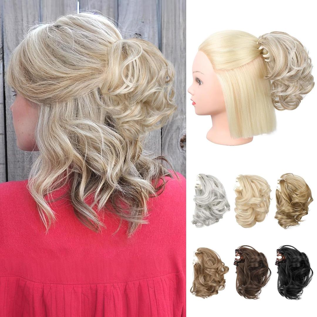 REECHO Ponytail Extension, 7" Half Up Short Mini Claw Clip in Ponytail Hair Extensions Curly Wavy Ponytail Messy Hair Bun Hair Pieces for Women with Short Thin Hair - Ash Blonde with Highlights