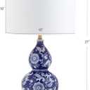 JONATHAN Y 27" Blue/White Ceramic Chinoiserie Table Lamp, Traditional Floral Double Gourd Vase Lamp with White Linen Drum Shade, Brass Gold Base, LED Bulb Included JYL3003A