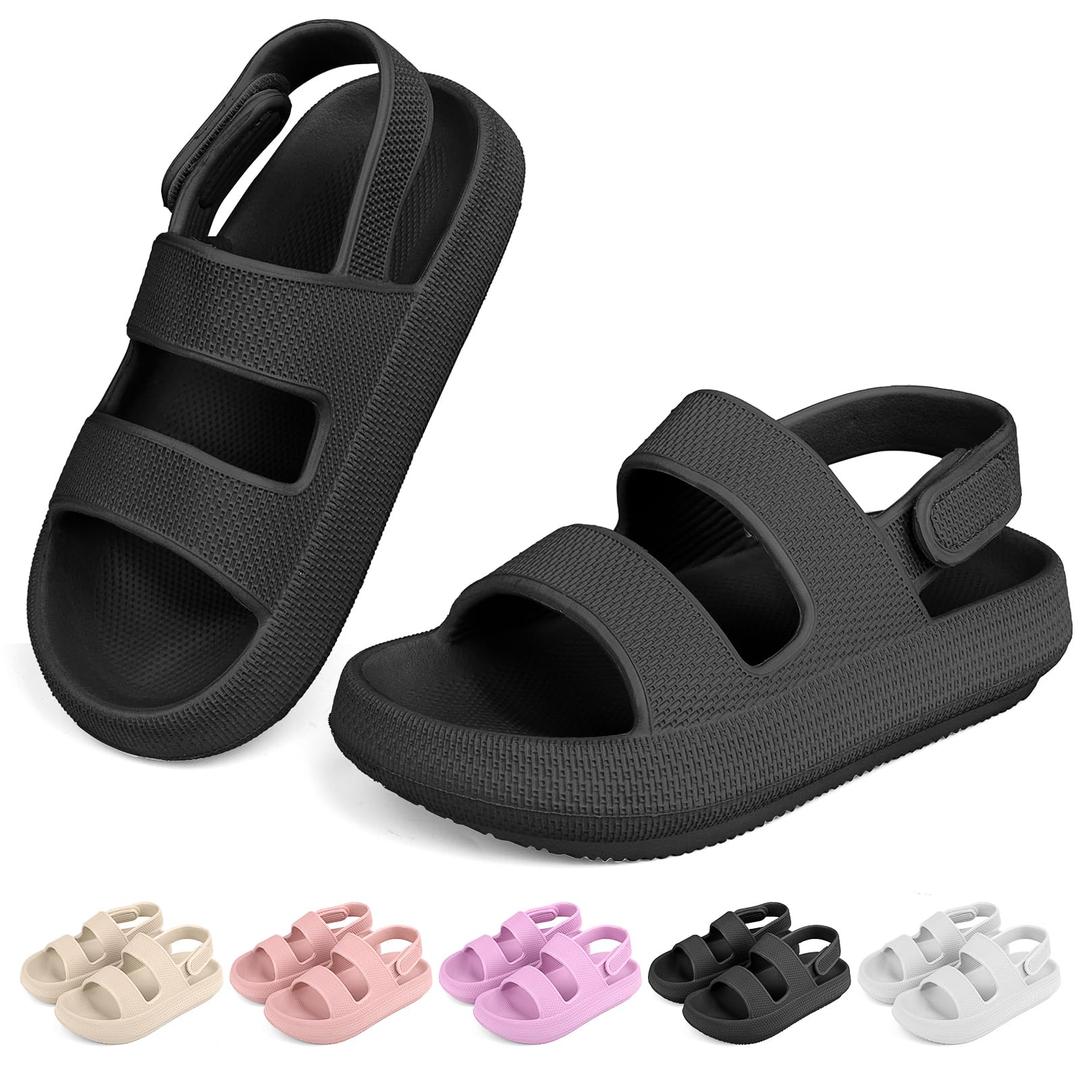 Kids Cloud Sandals Boys Girls Flat Slides Slip On Soft Sole EVA Sandals (Black)