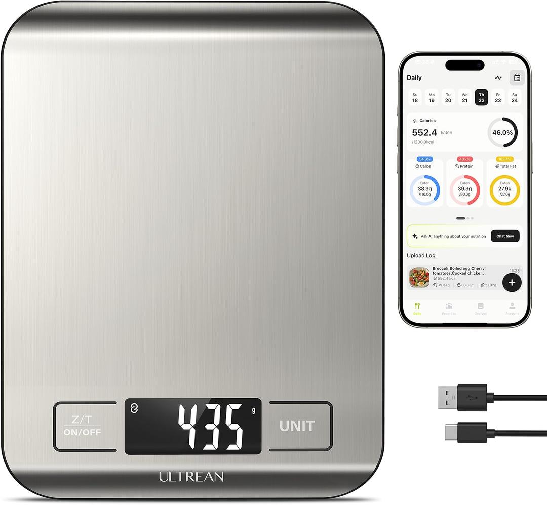 Ultrean Smart Food Kitchen Scale with Nutritional Calculator, App for Macro & Calorie Tracking, AI Scan, Digital Grams and Ounces for Weight Loss, Rechargeable, Stainless Steel, 33lb /15kg