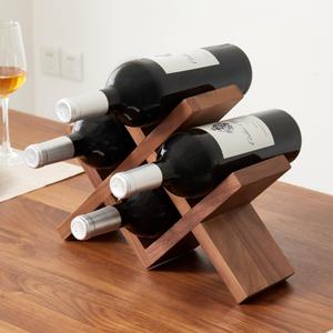 Solid Oak Wine Rack Countertop, 4 Bottle Tabletop Wine Holder - No Assembly Free Standing Wood Display for Kitchen, Bar, Office, Living Room | Walnut