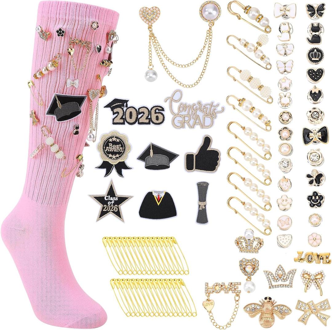 JATEBI 2026 Graduation Junk Sock Charm Bullk with 78pcs Gold Brooches Pins, 8pcs Senior Grad Patches for DIY Decor(Pink Socks)