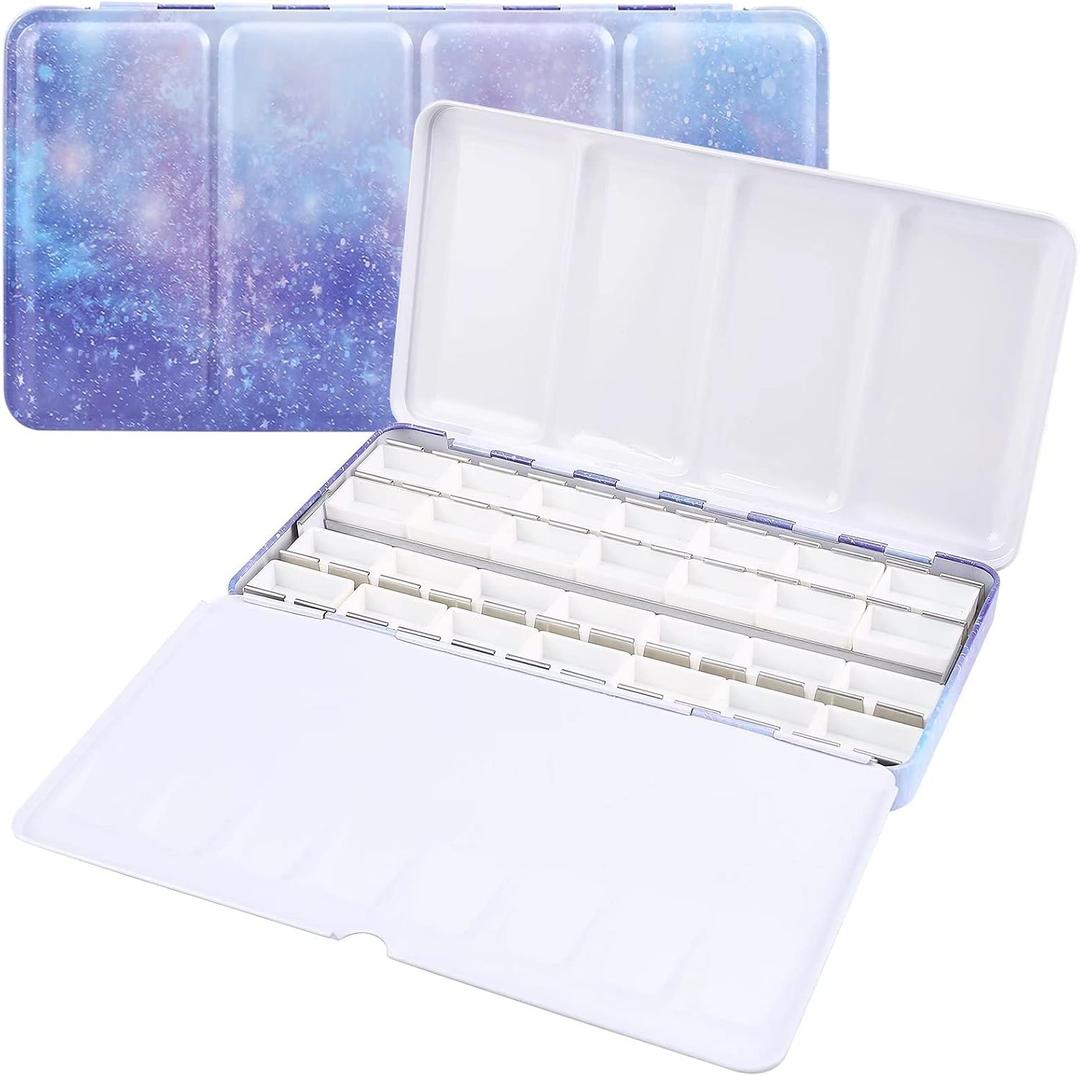 LOONENG Empty Watercolor Palette, Empty Watercolor Tin with Fold Out Palette, Large Purple Watercolor Tray Palette with 28 Empty Full Pans for Plein Air Painting and Sketching (Galaxy)