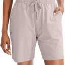 G Gradual Women's 7" / 9" Shorts with Deep Pockets Elastic Waist Bermuda Jersey Long Shorts for Woman Lounge Walking (Beige, XL)