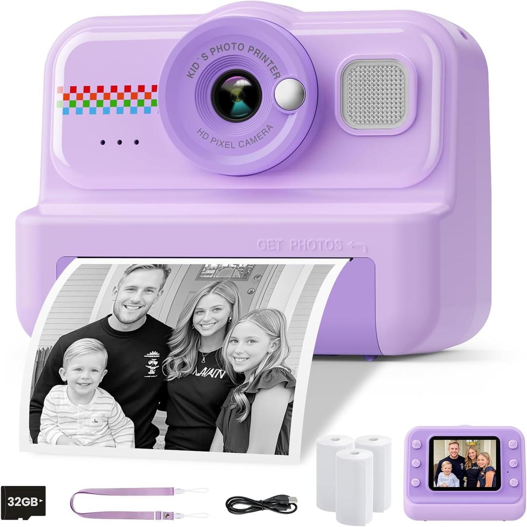 Kids Camera Instant Print, 1080P HD Instant Print Camera for Kids with 3 Rolls Print Paper & 32GB Card, Selfie Digital Camera for Kid, Ideal Kid Toys Gifts for Boys & Girls Age 3-14 (Purple)