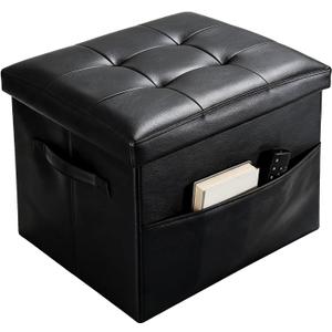 Storage Ottoman Foot Rest Bench with Side Pocket, Small Faux Leather Ottoman with Storage, Foot Stool with Storage for Living Room, Bedroom, Entryway, Dorm. 350LBS, 17x12.6x12.6in, Black.