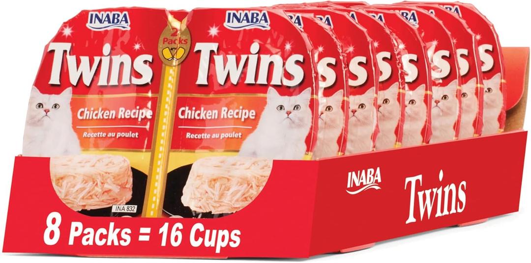 INABA Twins for Cats, Shredded Chicken & Broth Gele Side Dish/Topper Cups with Vitamin E, 1.23 Ounces per Serving, 16 Servings, Chicken Recipe (EXP 07/22/27)