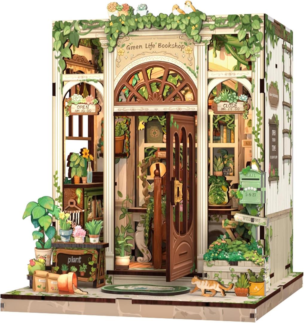 Fsolis Book Nook Kit, 3D Wooden Puzzles for Adults DIY Miniature House Kit Mini Building Kit Booknook Bookstore Bookshelf Diorama Gifts for Women Book Lovers (Green Life's Bookshop), 1:24