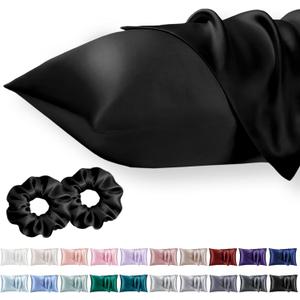 Standard Satin Pillowcase for Hair 2pc,Similar to Silk Pillow Cases,Easier Care Than Silk Pillowcase,Gifts for Women Men,Black,20x26 & Envelope Closure and 2 Satin Scrunchies