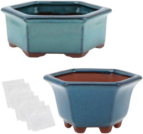 Bonsai Planter 2pc Small Succulent Glazed Pots 4.9" and 6.1" + 6 Soft Mesh Drainage Screens