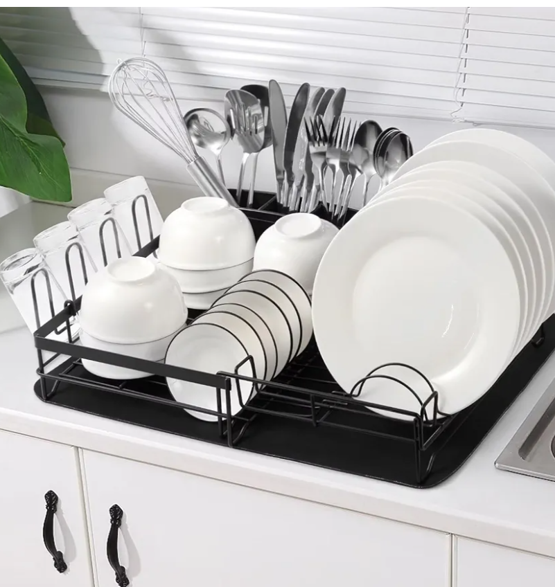 Dish Drying Rack, Extendable Anti-Rust Dish Rack with Dish Drying Mat, Large Capacity Dish Drainer with Cutlery & Cup Holders for Kitchen Counter