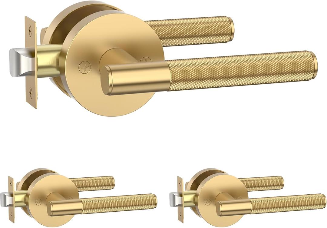 Amerdeco 3 Pack Champagne Bronze Passage Knurled Door Handles, Heavy Duty Non-Locking Door Lever for Hall, Closet, Office Area, Shopping Malls AM0016