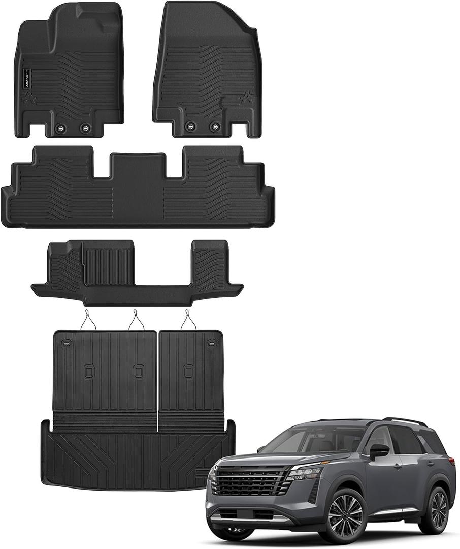 Auxko All Weather Floor Mats Cargo Mat Back Seat Mat Fit for Nissan Pathfinder 7&8 Seat 2026 2025-2022 TPE Floor Liner Trunk Mat Pathfinder Accessories All Season Odorless Anti-Slip Black