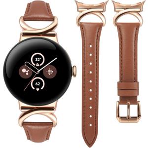 Minyee Leather Band Compatible with Google Pixel Watch 4/3 41mm/Pixel Watch 2/1 Bands Women,Slim Thin Dressy Designer Premium Leather Strap with C-Shape Metal Buckle for Google Smartwatch Accessories (Brown/Rose Gold)
