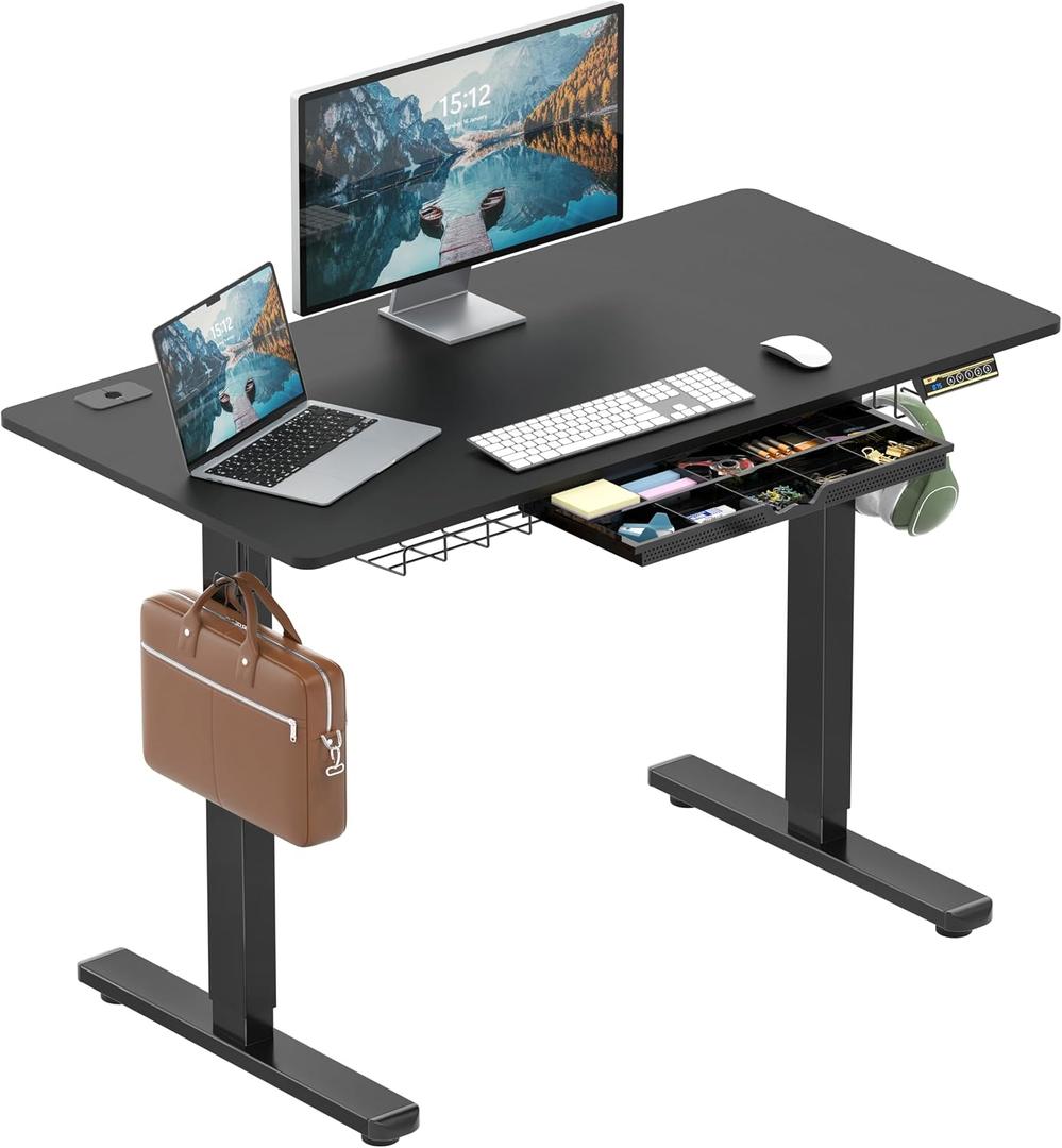 SHW 48-Inch Electric Height Adjustable Standing Desk with Drawer, Memory Preset and Cable Management Tray, Black