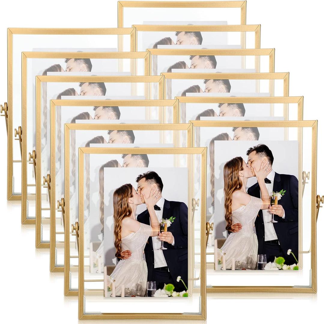 Hoteam 12 Pack 4 x 6 Inches Floating Frame Glass Photo Frame Collection Vintage Metal Minimal Ornate Easel for Pictures Photos Desk Tabletop Display(Gold)