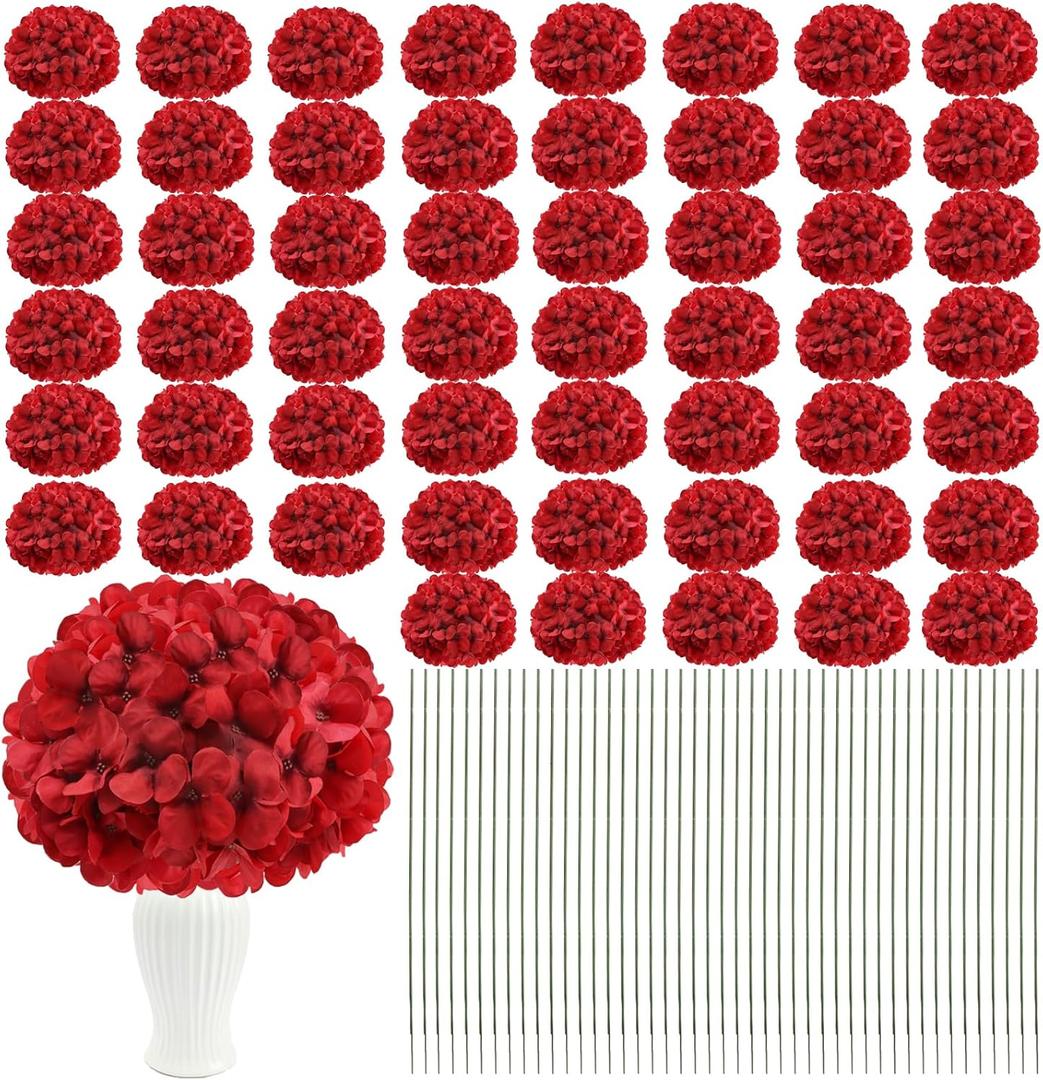 Artificial Hydrangea Flowers 104 PCS Faux Silk Hydrangeas Flowers Heads with Stems for Valentine's Day Wedding Centerpieces Home Garden Baby Shower Party Decoration (Red)