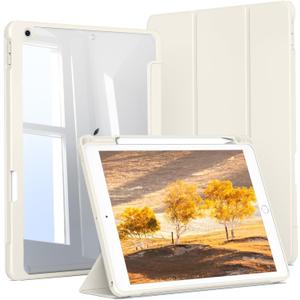 JKSML Case for iPad 9th/8th/7th Generation 10.2 Inch, Case with Pencil Holder for iPad 9/8/7 2021/2020/2019, Hard Back Cover, Auto Wake/Sleep, Cream White