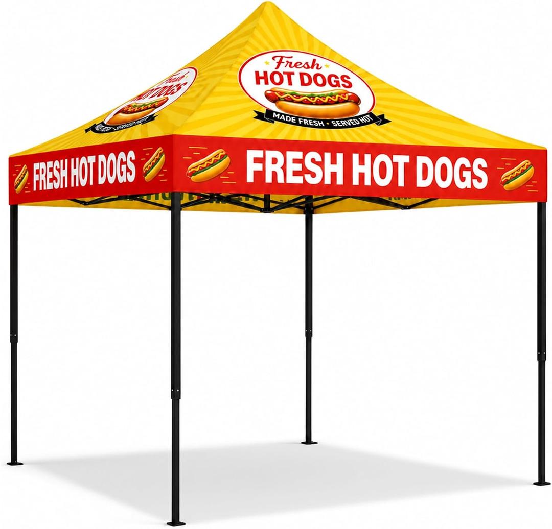 10x10 Hot Dog Themed Pop Up Canopy Tent Commercial Canopy for Food Vendors Heavy Duty Outdoor Catering Shelter Advertising Stand with Iron Frame and Silver Coated Fabric