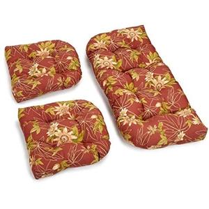 Wicker Chair Cushions of 3 Pieces, Waterproof Outdoor Loveseat Cushion for Wicker Furniture, 1 Love Seat Cushion and 2 U-Shape Pillows for Patio Furniture (Red Flower)