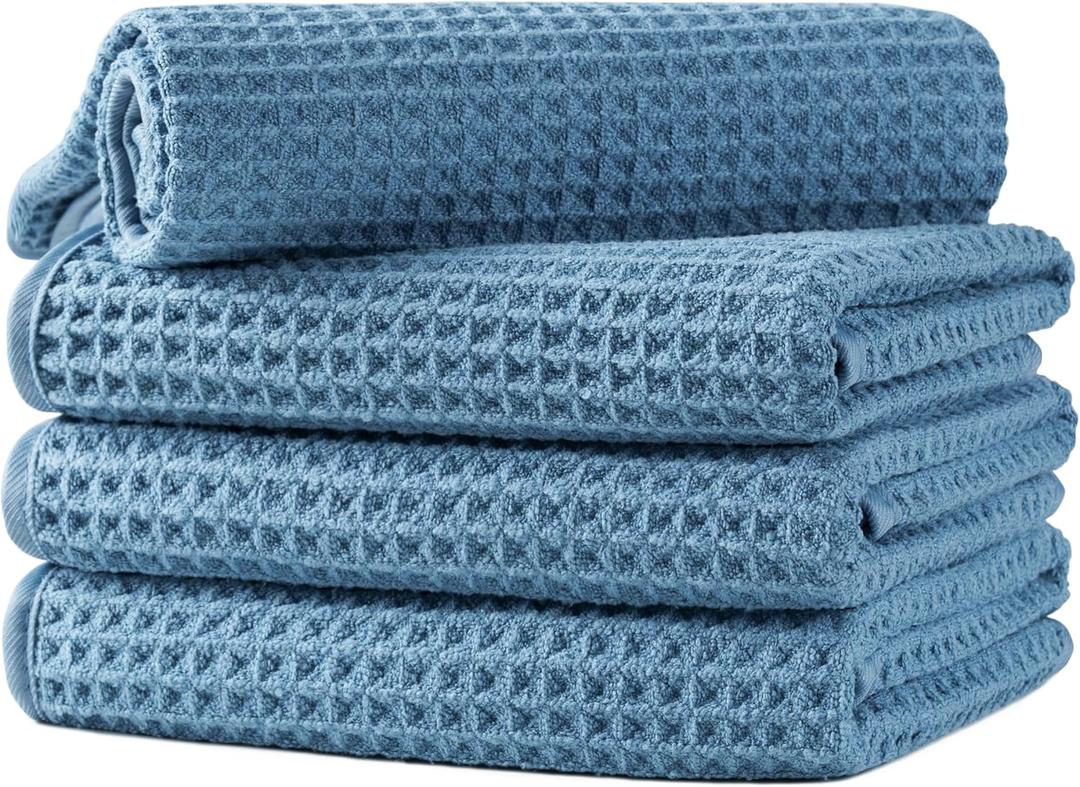 Microfiber Waffle Hand Towels, 4 Pieces, Soft, Absorbent, Fast Drying, Lint Free 430 GSM (Blue)