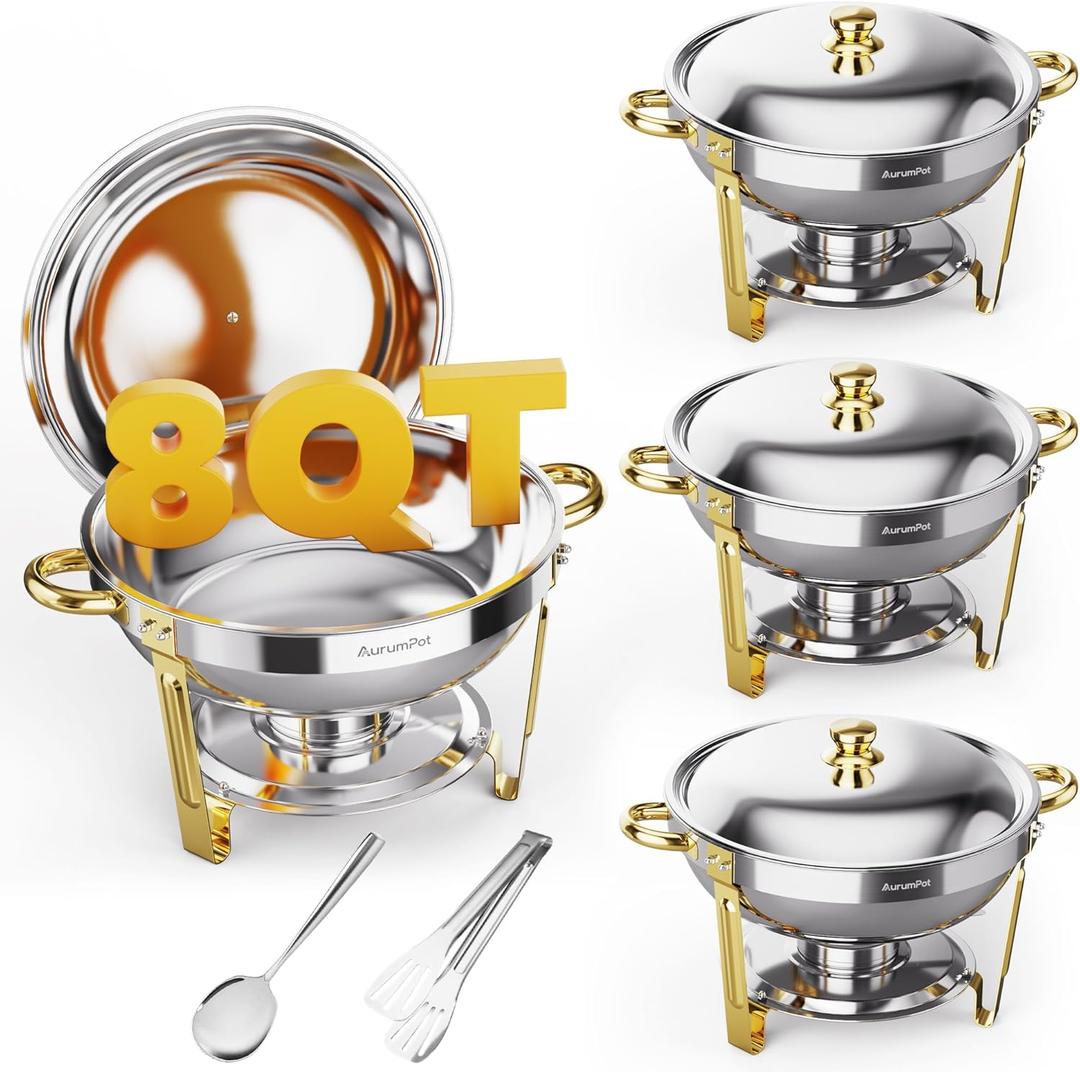 Chafing Dishes for Buffet 4 Pack,8QT Food Warmers for Parties Buffet, Christmas Gatherings [Elegant Gold and Silver Colors] Stainless Steel Round Chafing Dish Buffet Set,Buffet Servers and Warmers (13.5"L x 13.5"W x 9"H)