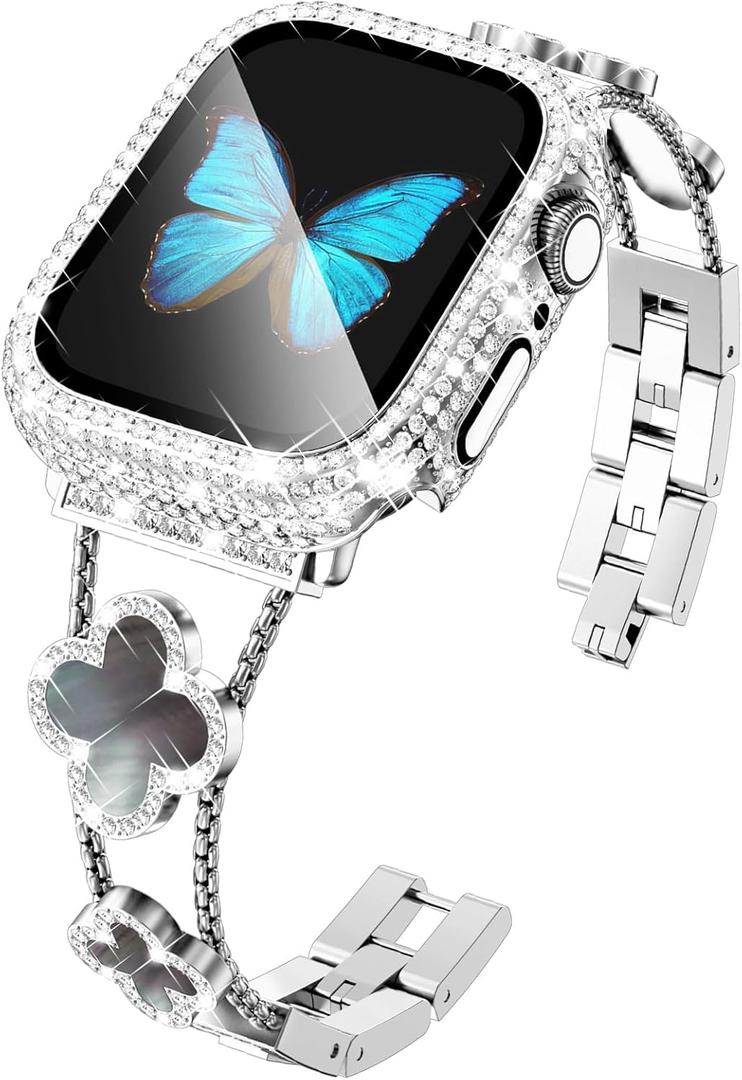 KADES Compatible for Apple Watch Series 10 46mm/42mm Series 9 8 7 45mm/41mm Series 6 5 4 SE 44mm/40mm Series 3 2 1 42mm/38mm, Sparkling Bling Diamond Band with Full Diamonds Case (Silver with Black Pearl Shell)
