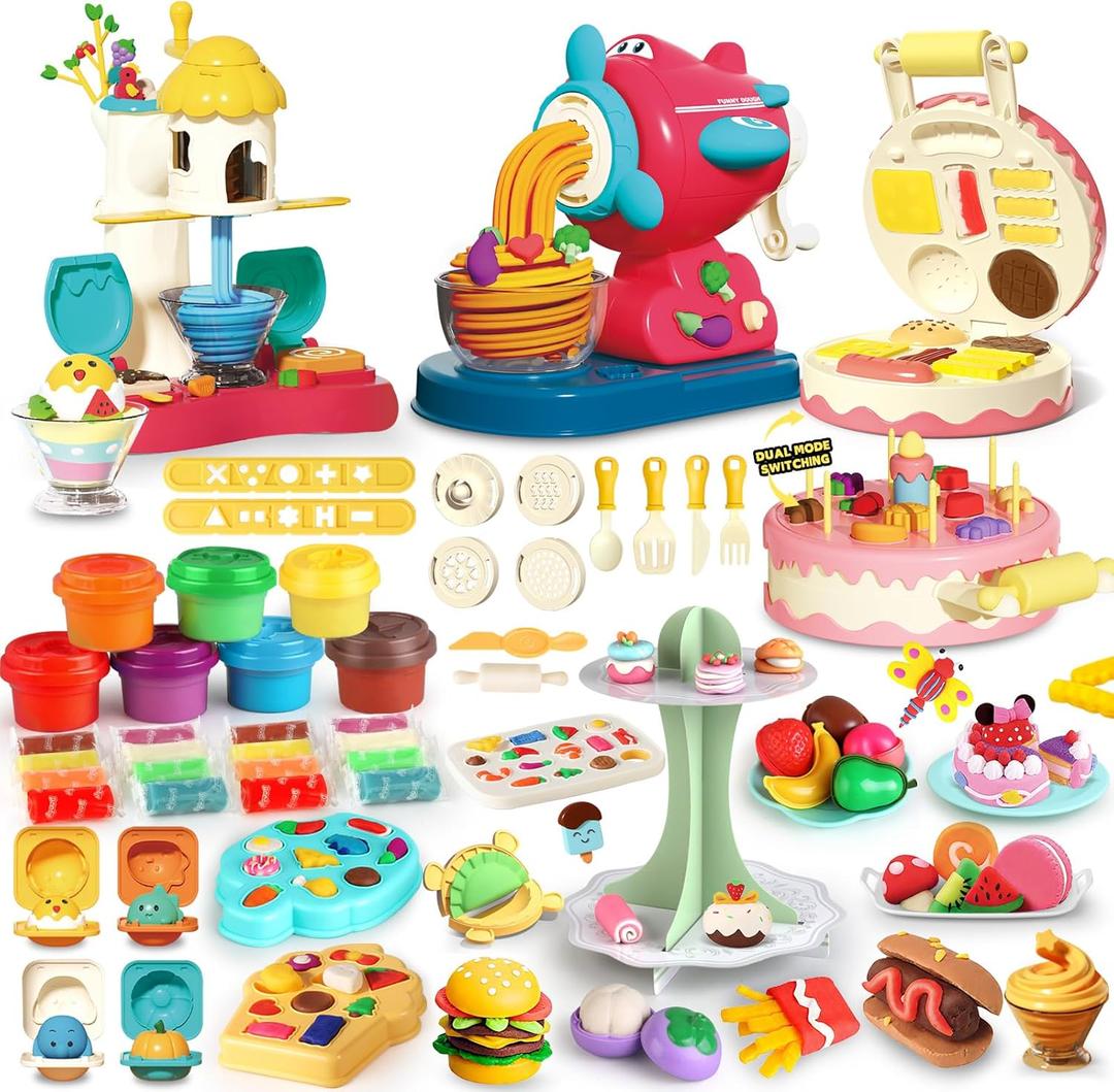 77 Pcs 4 in 1 Playdough Sets for Kids Age 2-4-8, Dough Accessories Tools Kit, Ice Cream, Noodle Cake Hamburger Maker, Kitchen Playdough Toys Girls Boys, Gifts for 3 4 5 6 Year Old Girls Boys