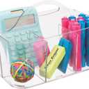 mDesign School Supplies Desk Organizer Tote for Scissors, Pens, Pencils, Notepads, Markers, Highlighters, Tape - Small, Clear (Pack of 1)