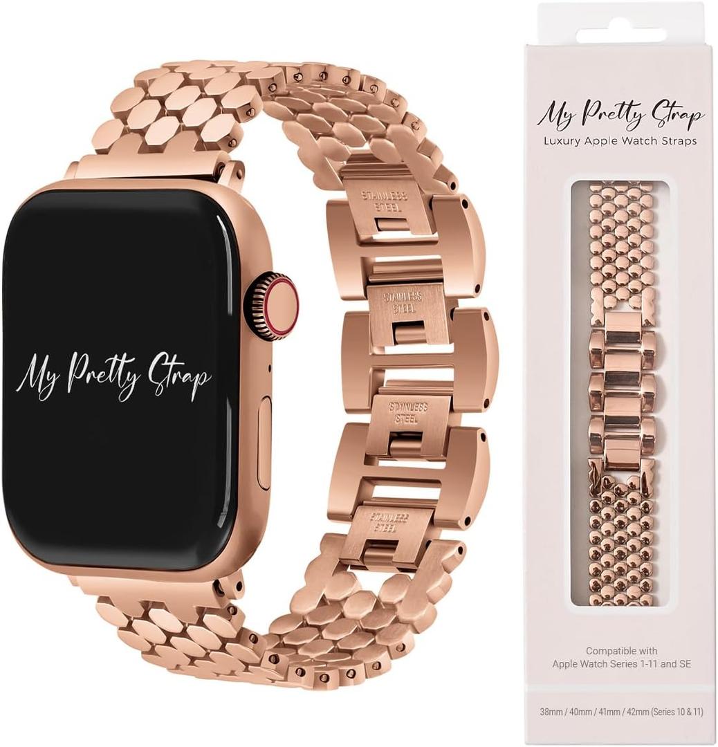 My Pretty Strap - Compatible Apple Watch Band Strap, Stainless Steel Fashion iWatch Replacement Strap- Easy Resizing, No Tool Needed, Fits Most Wrists- Series 1-11, SE and Ultra (Honeycomb Rose Gold)