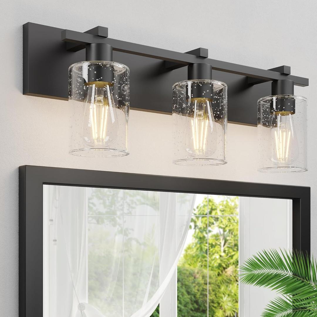 Espird Bathroom Vanity Light,3 Light Matte Black Light Fixture with Thickened Seeded Glass Shade, 24 inch Modern Wall Sconce,Vanity Light Over Mirror for Bathroom