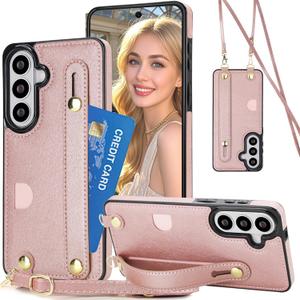 for Samsung Galaxy S26 Case with Card Holder & Wrist Strap, PU Leather Shockproof Crossbody Cover with Adjustable Shoulder Lanyard & Wristband & Kickstand for Galaxy S26 XK-Pink