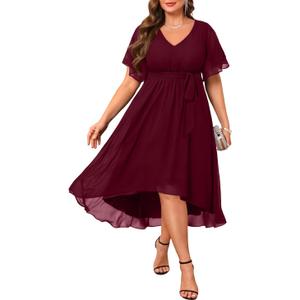 Plus Size Dresses Wedding Guest - Formal Cocktail Chiffon V Neck Short Sleeve High Low Dress Curvy Women (Wine Red)