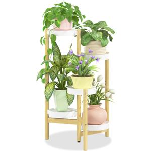 iDavosic.ly 5 Tier Bamboo Plant Stand Indoor Outdoor with Plastic Tray, Tiered Corner Flower Holder Shelf, Space Saving Orchid Display Rack for Patio Porch Living Room Garden Balcony, Natural White