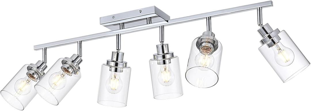 6-Light Track Lighting Kit Ceiling Kitchen Track Lighting Fixtures Chrome Bathroom Vanity Wall Lights with Clear Glass Multi-Directional Rotating Tracking Light Heads Spotlight for Accent Shop