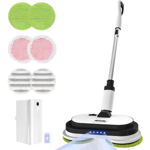 Cordless Electric Mop, Floor Cleaner with LED Headlight & Water Sprayer, Up to 60 Mins Detachable Battery, Dual-Motor Powerful Spin Mop, 300ML Water Tank for Multi-Surface, Self-Propelled (White)