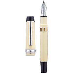 Wikult Yongsheng Junlai 930 Acrylic Fountain Pen, Size 9 Fine Nib with Piston Filling System, Ivory White Fence Ink Tank with Flat Top Design Smooth Writing Pen (Silver Trim)