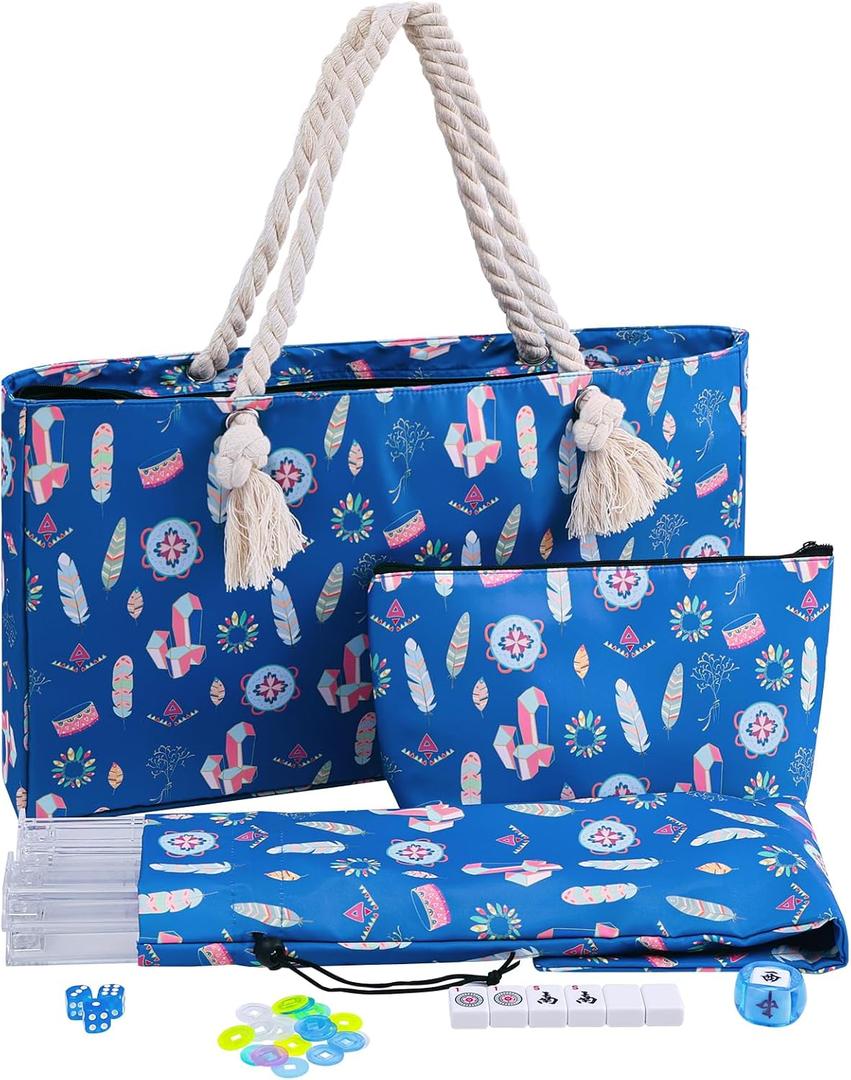 TIASUSAN American Mahjong Tiles Set, 166 White Tiles, Blue Printed Bag with Entire Accessories, 4 All-in-One Rack/Pushers, Mahjong Game Set, Small