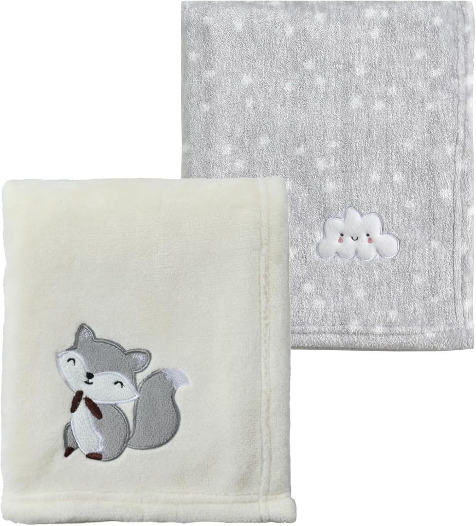 CREVENT 2Pcs 30''X40'' Cute Cozy Fluffy Warm Baby Blankets for Infants Toddlers' Bedding Crib Cot Stroller - Grey Cloud + Fox