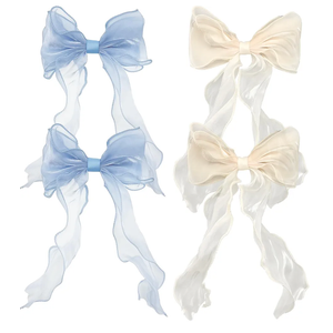 8 PACK Light Blue and Champagne Big Ribbon Hair Bows, Large Hair Accessories, Oversized Long-tail Hair Clips for Women and Girls Hair Styling Accessories