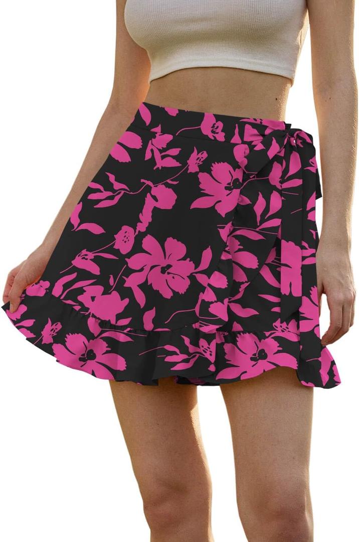 Women's Floral Ruffle Hem Wrap Shorts Casual Summer Elastic Waist Tie Front Zip Up Boho Skirts Skorts 2025 , Medium, Hot Pink 